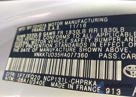 2017 Toyota Yaris L z USA, uszkodzony, nr VIN VNKKTUD35HA077360